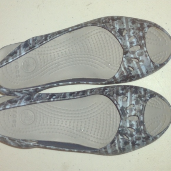 CROCS Women's "MABYN" Stripe Floral Mini Wedge Slingback Sandals size 6 peeptoe - Picture 5 of 9